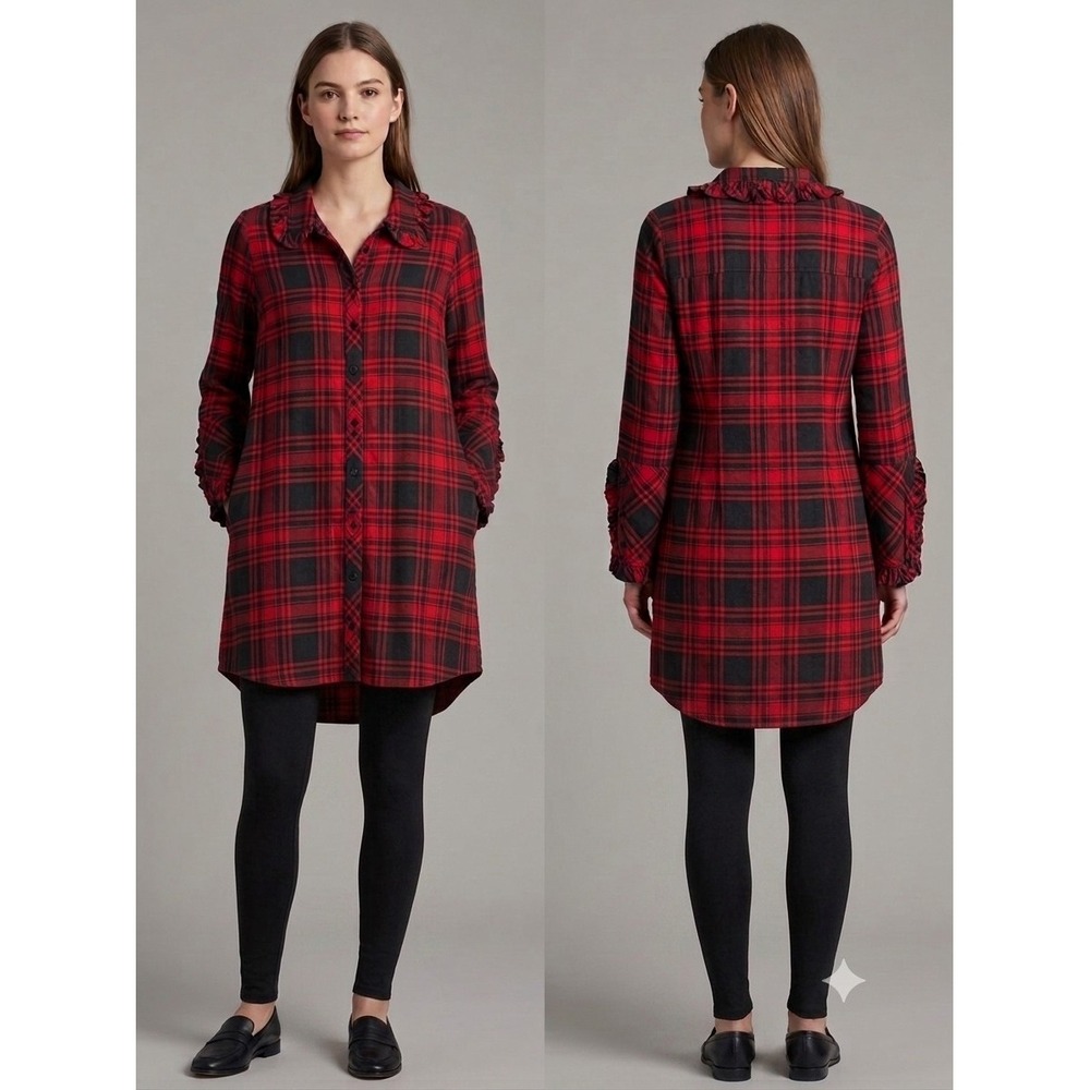 Soft Surroundings Sz S Tartan Red Plaid Ruffle Trim Shirt Dress Soft Preppy Punk